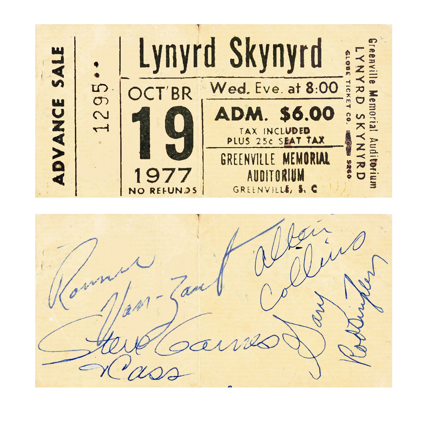 1977 Lynyrd Skynrd Last Show Before Plane Crash Autographed Reproduction Ticket Stub R. Van Zant, Steve + Cassie Gaines, Collins, Rosington