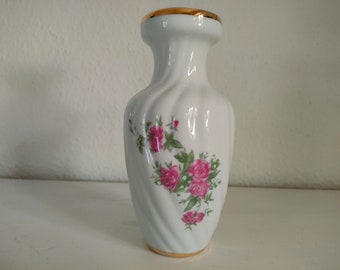 Vintage weiße Porzellanvase mit Goldrand und Rosen Christina Royal Limited Edition 1960er Jahre