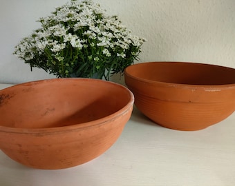 Vintage two round terracotta plant bowls with fluted rim 1960s