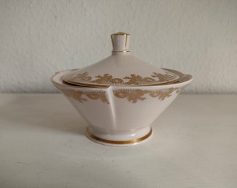 Kuznecovs 1812 boîte à bijoux sucrier Riga en porcelaine avec bord doré et décoration dorée années 1960