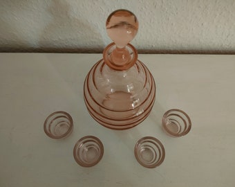 Caraffa in vetro vintage con 4 bicchieri abbinati in rosa tenue anni '70