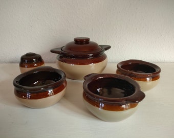 Vintage hand-made soup dishes set soup tureen bowls salt shaker 1970s