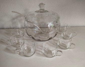 Glasbowlenset Glasbowlenschüssel mit 7 Henkelgläsern und Schöpfkelle Vintage 1970er Jahre