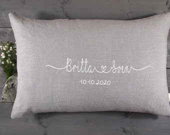 Wedding pillow | Gray linen, silver wedding, gold wedding, anniversary, individually embroidered with name/date, cover with or without inner cushion