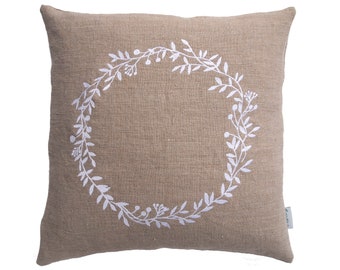 Linen cushion natural, beige | Embroidery wreath motif white or black, size selectable: 40x40.45x45.50 x 50 cm | Pillow case with button placket