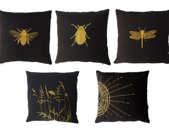 Coussin en lin noir, housse de coussin, brodé or, abeille, scarabée, libellule, herbe, soleil, 40x40, 45x45, 30x50, 40x50, 50x50, 40x60, 50x60, 60 x 60 cm