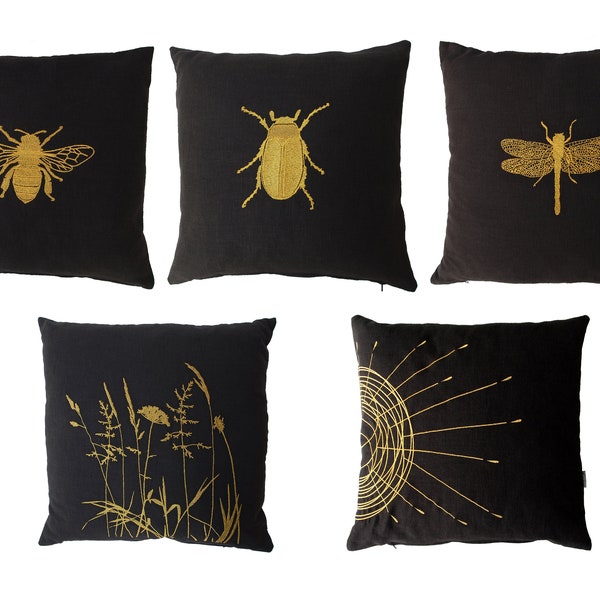 Linen cushion black, cushion cover, gold embroidered, bee, beetle, dragonfly, grass, sun, 40x40, 45x45, 30x50, 40x50, 50x50, 40x60, 50x60, 60 x 60 cm