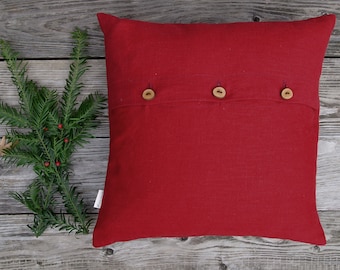 Linen cushion dark red cushion cover, button strip made of wooden buttons 40x40|45x45|40x50|50x50|40x60|60 x 60 cm sofa cushion plain plastic-free sustainable