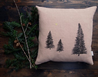 Christmas tree cushion 100% linen cinnamon-colored, earth-colored cushion cover fir motif black embroidered Sizes: 40x40.45x45.50x50.40 x 60 cm| Twine buttons