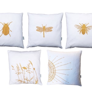 Linen cushion cream white cushion cover, gold embroidered, bee, dragonfly, beetle, grass, sun 40x40, 40x50, 45x45, 50x50, 40 x 60 cm cushion cover decorative cushion