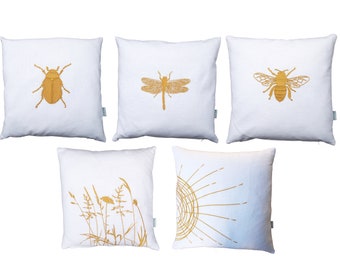 Linen cushion white pillowcase, gold embroidered,bee,dragonfly,beetle,grass,sun 40x40,40x50,45x45,50x50,40 x 60 cm cushion huel decorative pillow