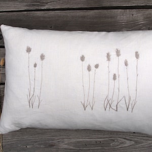 Linen cushion velvet grass cushion cover 100% linen creamy white, embroidery beige/taupe, size selectable button placket with twist buttons cushion cover