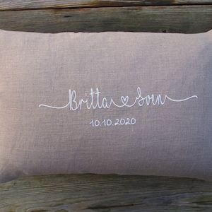 Wedding pillow Natural linen, silver wedding, gold wedding, anniversary, individually embroidered with name/date, cover with or without inner cushion image 1