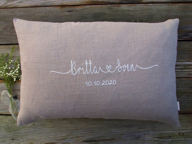 Wedding pillow Natural linen, silver wedding, gold wedding, anniversary, individually embroidered with name/date, cover with or without inner cushion image 1