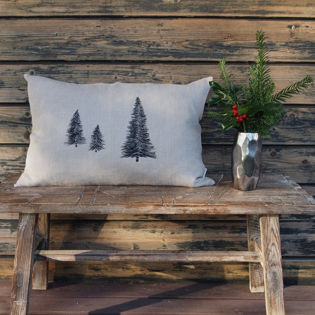 Tannenbaum Kissen 100 Leinen naturfarben, Kissenbezug,TannenMotiv schwarz bestickt Größen