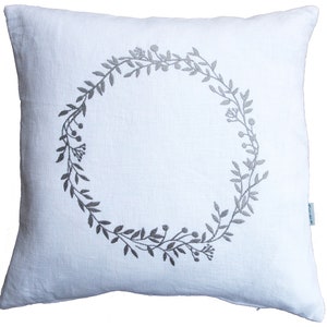 Linen cushion white, cushion cover, wreath embroidered in gray, pure, heavy linen sizes: 40x40, 45x45, 50 x 50 cm, button placket with twine buttons country house image 1