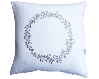 Linen cushion white, cushion cover, wreath embroidered in gray, pure, heavy linen sizes: 40x40, 45x45, 50 x 50 cm, button placket with twine buttons country house