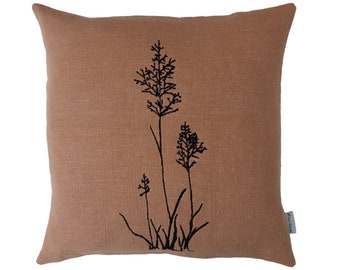 Linen cushion, 3 grasses, 100% linen, cinnamon-colored, cushion cover, black embroidered Sizes: 40x40,45x45,50x50,40 x 60 cm|button placket with twine buttons