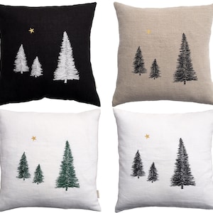 Christmas tree cushion 100% linen black, natural, white, embroidered fir motif Sizes: 40x40, 45x45, 40x50, 50x50, 40 x 60 cm Christmas twine buttons