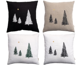 Christmas tree cushion 100% linen black, natural, white, embroidered fir motif Sizes: 40x40, 45x45, 40x50, 50x50, 40 x 60 cm Christmas twine buttons