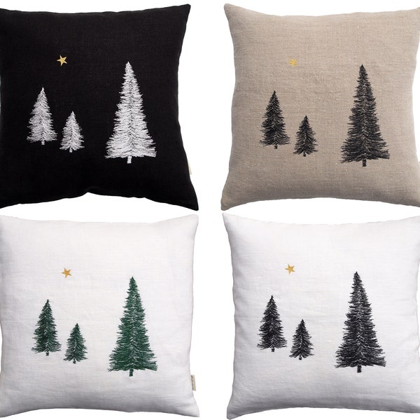 Cuscino albero di Natale 100% lino nero, naturale, bianco, motivo abete ricamato Misure: 40x40, 45x45, 40x50, 50x50, 40 x 60 cm Bottoni in spago natalizio