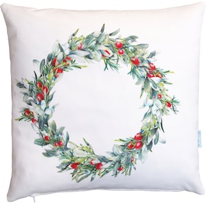Christmas wreath watercolor,cushion cover Christmas wreath,40 x 40 cm,Christmas pillow,Christmas decoration,mistletoe branch,fir branch,Ilex,pastel