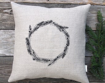 Cushion cover linen natural (beige/grey) black embroidered, wreath motif with berries Advent Christmas 40x40 45x45 40x50 50x50 festive Nordic