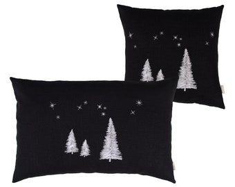 Tannenbaum Kissenbezug aus  Leinen, schwarz | Kissenhülle weiß bestickt mit Tannen-Motiv und Sternen, Größe wählbar, mit Knöpfen, Weihnacht