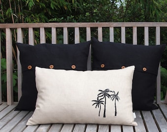 Linen cushion oasis, palm trees embroidered in black, 100% linen beige, sand-colored, cushion cover, size selectable, button panel with twine buttons