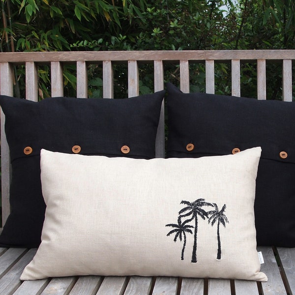 Linen cushion oasis, palm trees embroidered in black, 100% linen beige, sand-colored, cushion cover, size selectable, button panel with twine buttons