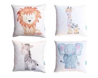 Animal cushion, children's cushion, lion, giraffe, zebra, elephant, 30 x 30 cm cotton/linen, complete with inner cushion, washable