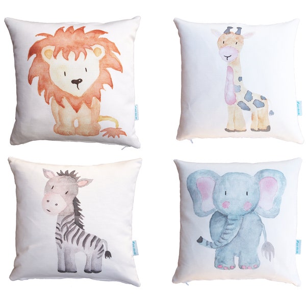 Animal cushion, children's cushion, lion, giraffe, zebra, elephant, 30 x 30 cm cotton/linen, complete with inner cushion, washable