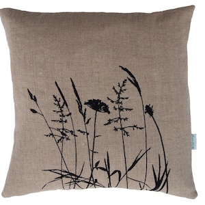 Grass cushion natural linen, cushion cover natural-colored, heavy linen black embroidered, 40 x 40, 45 x 45, 50 x 50 cm, button placket with thread buttons