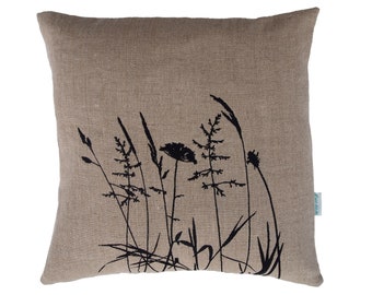 Grass cushion natural linen, cushion cover natural colored linen embroidered black, 40x40, 45x45, 40x50, 50x50, 40 x 60 cm, button placket with twine buttons