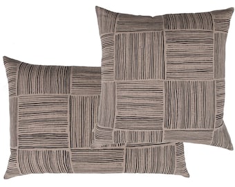 Linen cushion cover Motif: striped cubes natural colour, black print, scandic, 100% linen, size selectable, button placket with twine buttons