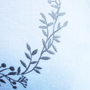 Linen cushion white, cushion cover, wreath embroidered in gray, pure, heavy linen sizes: 40x40, 45x45, 50 x 50 cm, button placket with twine buttons country house image 2