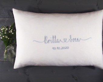 Wedding pillow | White linen, silver wedding, gold wedding, anniversary, individually embroidered with name/date, cover with or without inner cushion