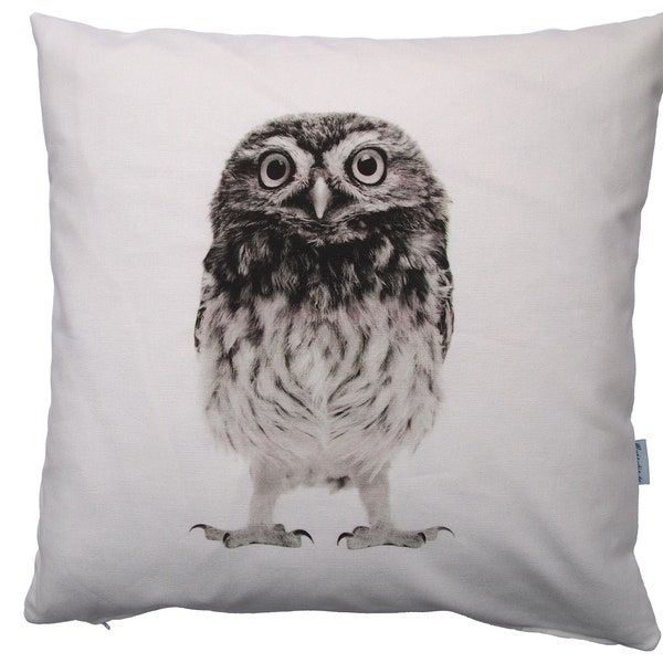 Coussin hibou gris, taie d'oreiller, 50 x 50 cm (petite chouette) en noir et blanc, coton, coussin hibou, coussin réversible, coussin animal, coussin oiseau, coussin naturel