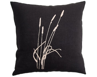 Linen cushion, timothy grass 100% linen black, cushion cover, beige embroidered, many sizes selectable, button panel with twine buttons