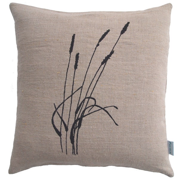 Linen cushion, timothy grass, 100% linen natural colour, cushion cover, black embroidered, sizes: 40x40, 45x45, 50 x 50 cm | button placket with twine buttons