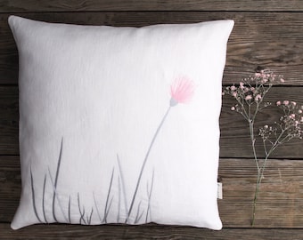 Linen cushion with flower motif rose/grey, linen cream white, button strip with twine buttons, many sizes, optionally with or without inner cushion