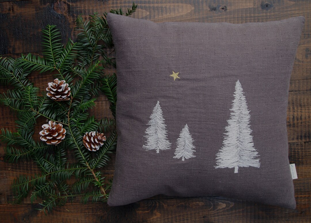Tannenbaum Kissen 100 Leinen anthrazit grau Kissenbezug Weihnachtsbaum weiß bestickt Größen