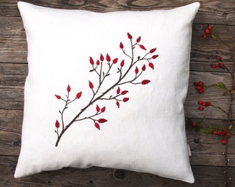 Linen cushion rose hips embroidered, cushion cover, linen white, sizes: 40x40, 45x45, 50x50 ..autumnal, Christmas cover, sofa armchair garden