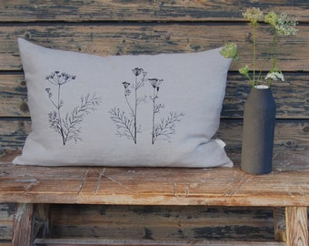 Linen cushion dill cushion cover 100% linen natural beige-grey/taupe embroidery black many sizes, with twine buttons autumnal