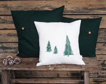 Christmas tree cushion, white linen, cushion cover, fir motif embroidered in dark green, sizes: 40x40, 45x45, 50x50, 40 x 60 cm | button placket with twine buttons