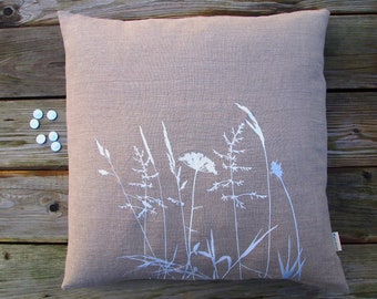 Grass cushion natural linen, cushion cover natural colored linen embroidered in white, 40x40, 45x45, 40x50, 50x50, 40 x 60 cm, button placket with twine buttons
