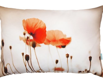 Mohn Blumen Kissen, Kissenbezug 40x60 cm aus Baumwolle, sepia, taupe, orange, beige, braun, Zierkissen, Dekokissen, Gartenkissen