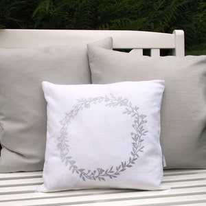 Linen cushion white, cushion cover, wreath embroidered in gray, pure, heavy linen sizes: 40x40, 45x45, 50 x 50 cm, button placket with twine buttons country house image 5
