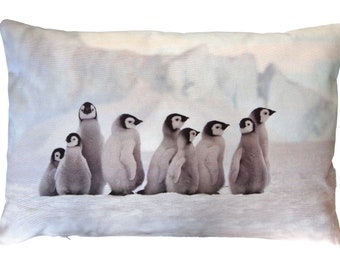Pinguinkissen, Kissenbezug, Kissenhülle 40x60 cm aus Baumwolle, grau, grau-blau, Winterkissen, Tierkissen, Kinderkissen