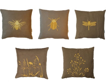 Linen cushion olive, cushion cover, gold embroidered, bee, beetle, dragonfly, grass, herbs, sizes 40x40,40x50,45x45,50x50,40x60 cm, pillow case